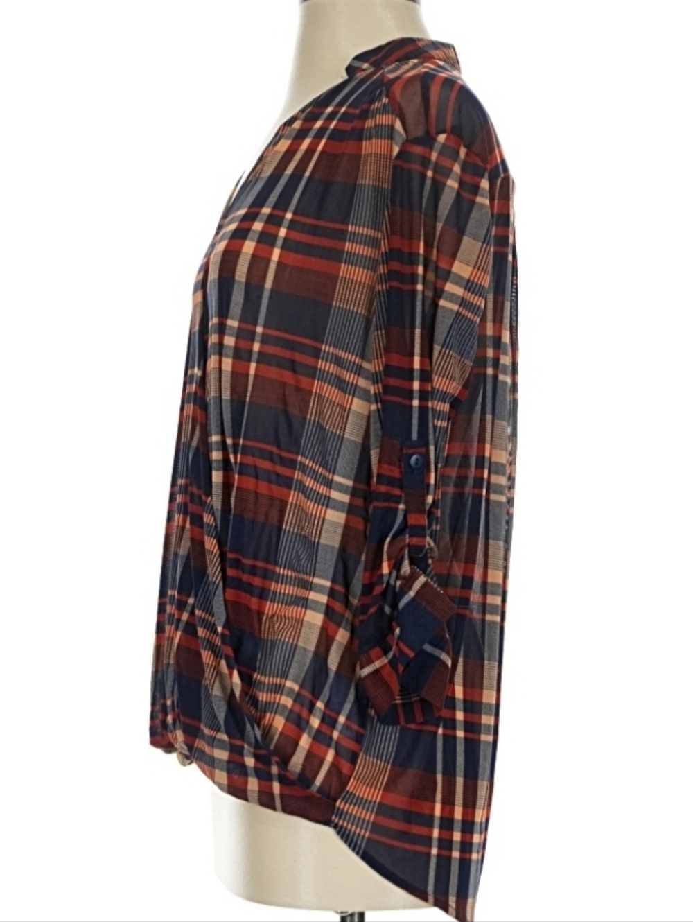 Bailey & Chloe (Sz L) Blue & Brown Plaid Semi-sheer Button Roll Tab Sleev3 Shirt - Picture 13 of 13